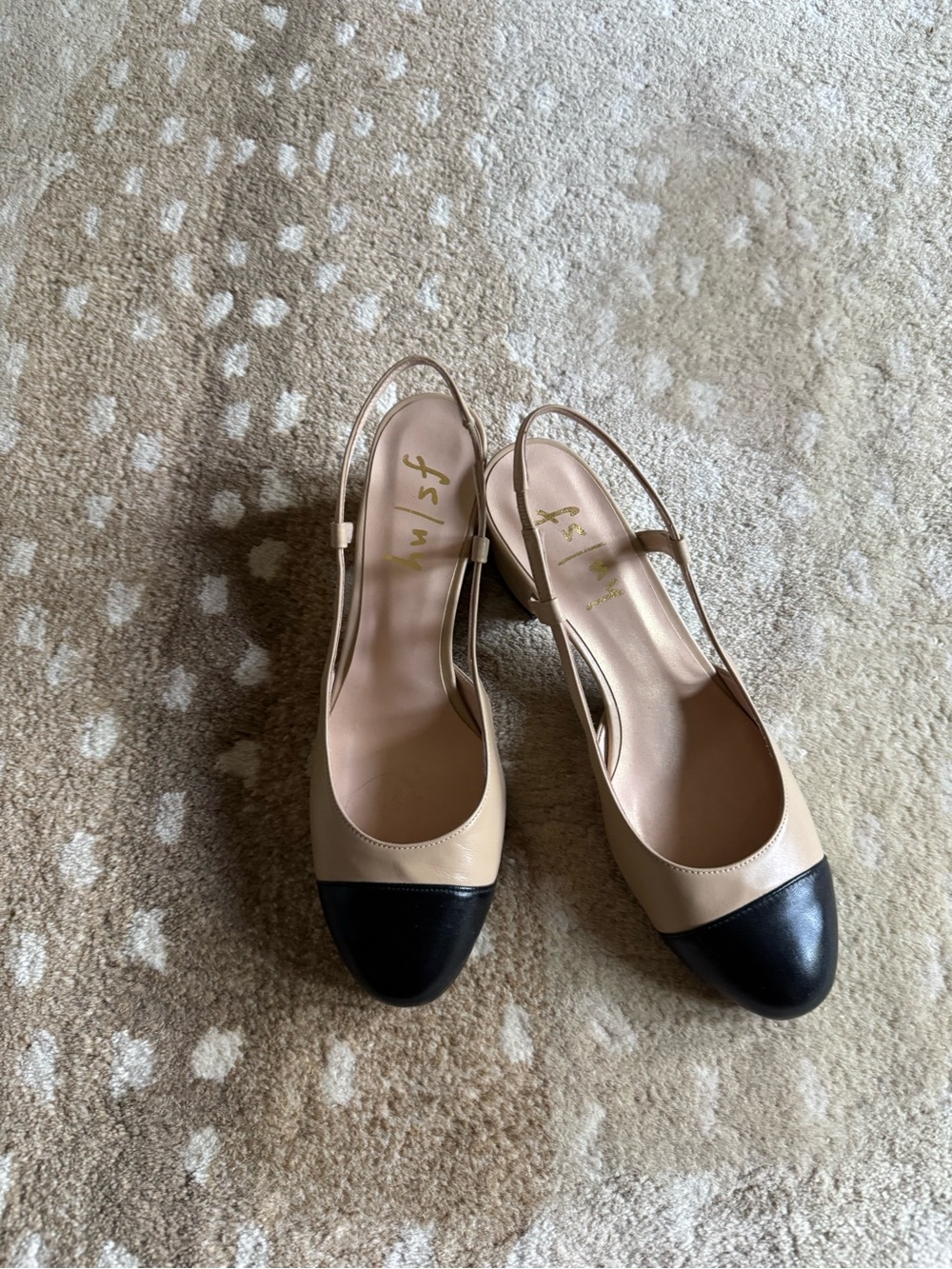 French Sole Two-Tone Slingback Pumps in Beige and Black